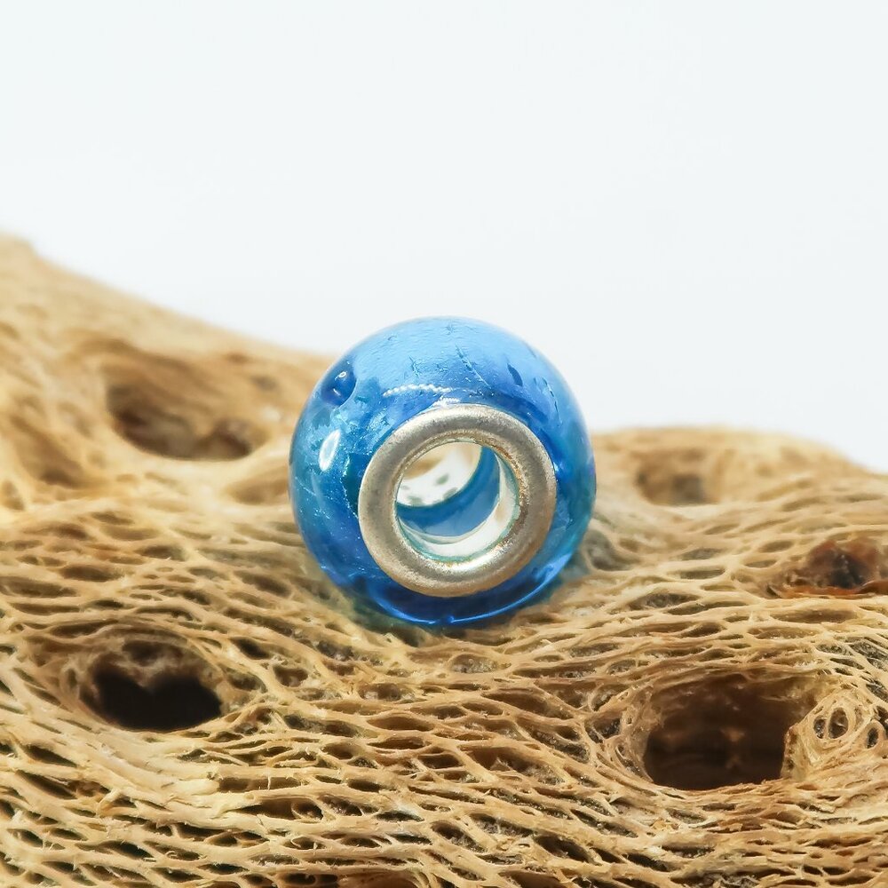 Blue Metallic European Glass Charm Bead with Silver Core Center